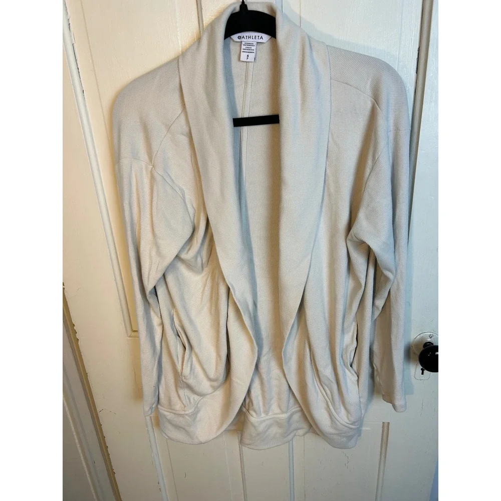 Athleta Presence Cocoon Wrap Cardigan Bone White Ribbed Pockets Small 415704